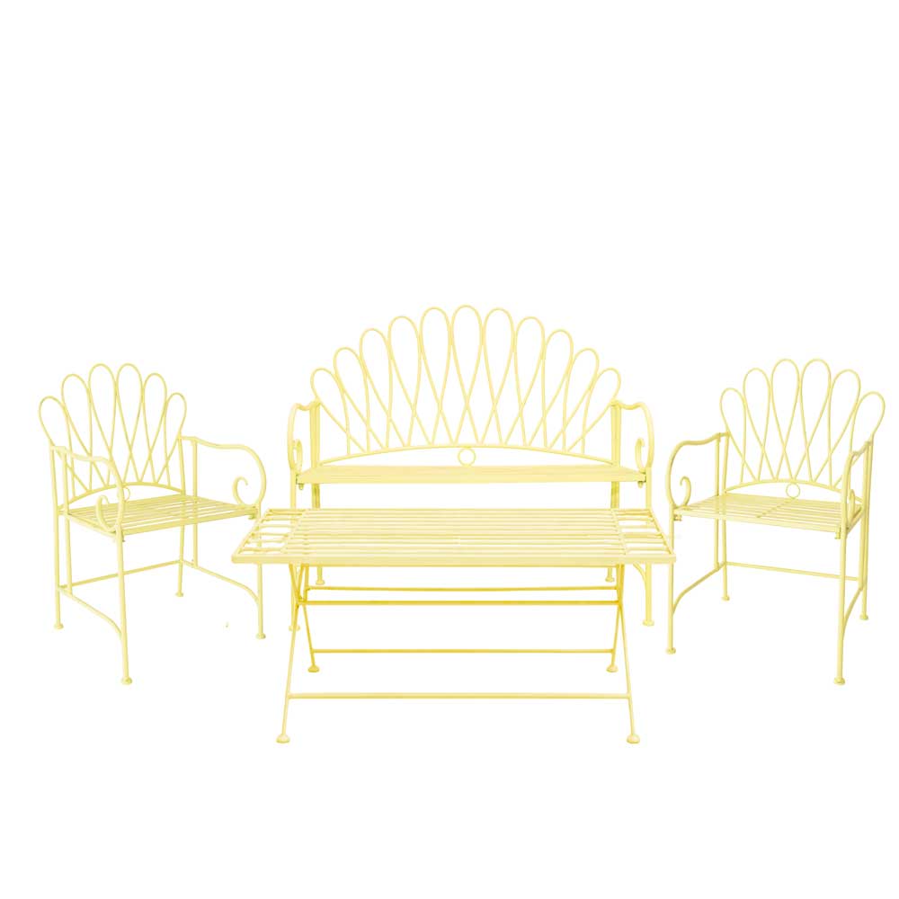 set Pineapple, divano 2 posti, due poltrone e tavolino basso. Colore giallo pallido, materiale in ferro