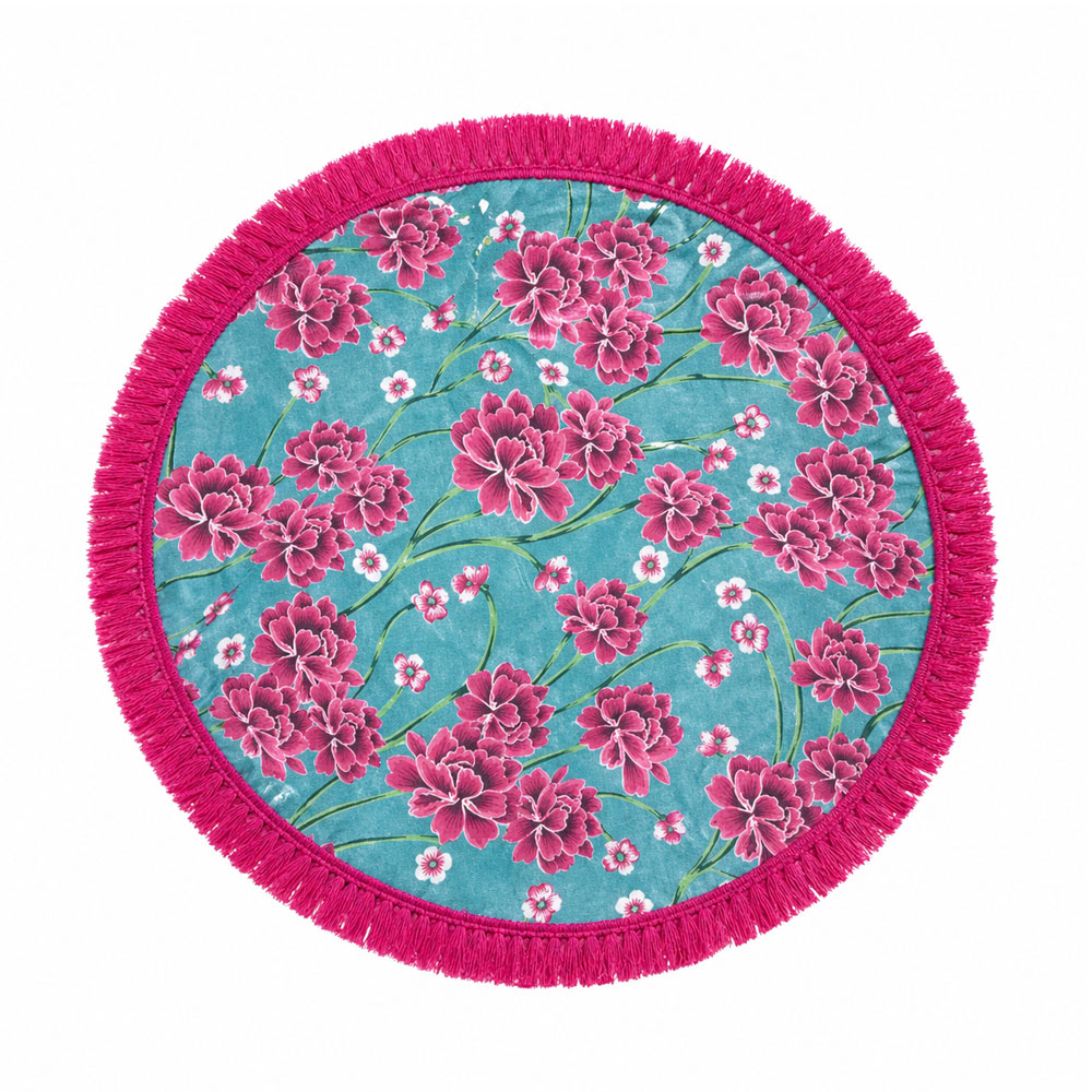 Tovaglietta Whisper Base verde teal con fantasia floreale, frangia fuscia su bordo.