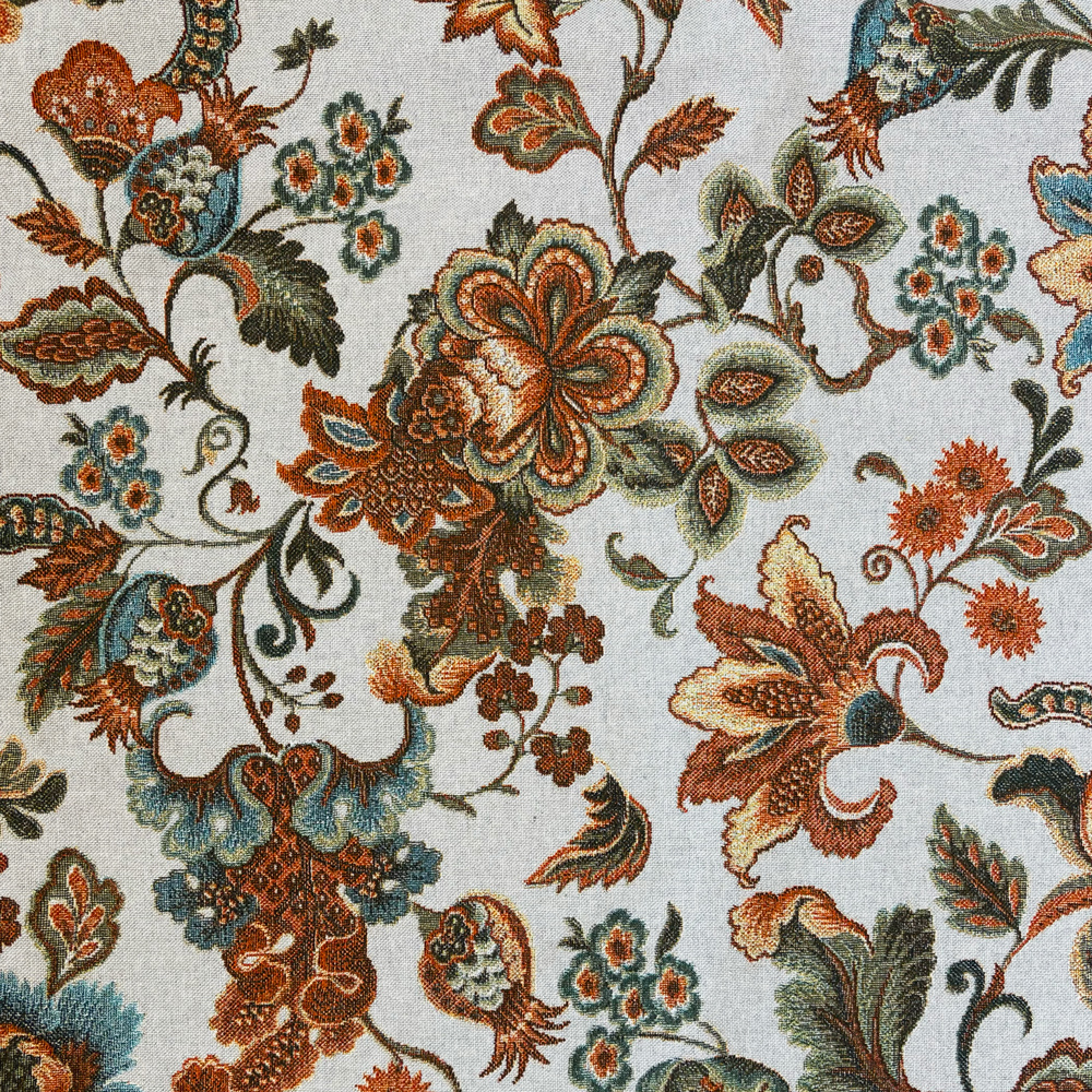 Tovaglia floreale vintage 330x330 cm con raffinato motivo botanico nei toni terracotta, azzurro e verde