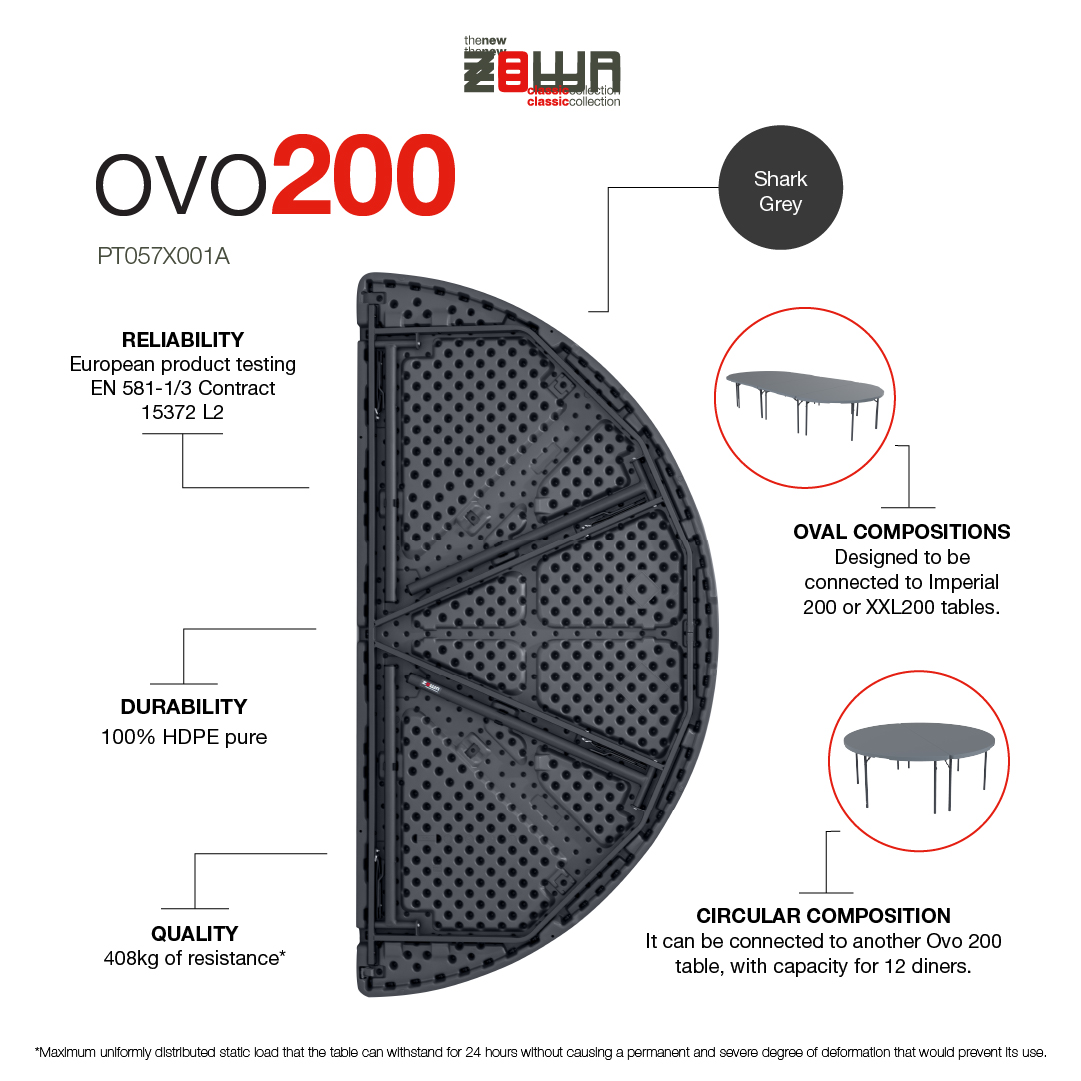 Ovo200, il tavolo semicircolare modulare per matrimoni ed eventi. Crea tavoli ovali o composizioni rotonde e progetta layout flessibili